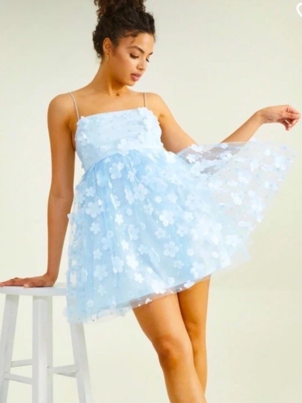 Altar’d State Aurora Floral Mesh Babydoll Dress Baby Blue Size Medium - Picture 4 of 16